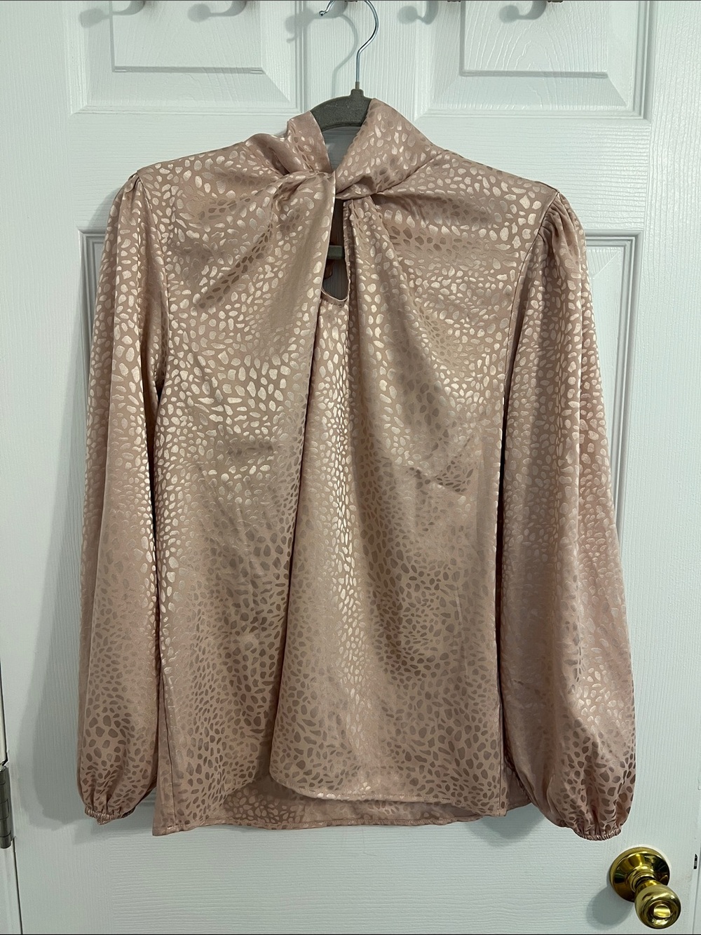 Chenault Blush Satin Tie-Neck Blouse with Subtle Animal Jacquard